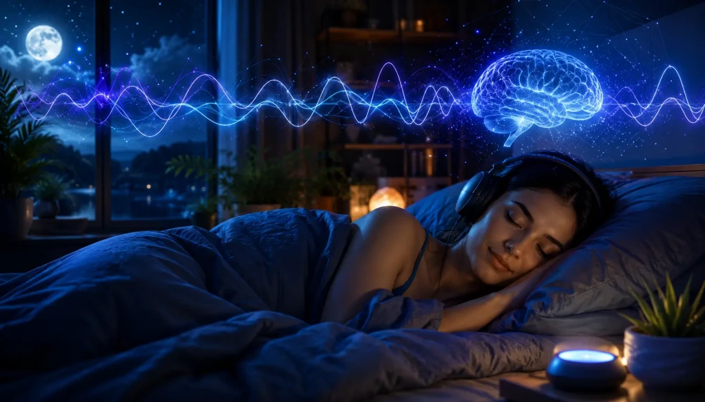Relaxing binaural beats sleep environment showing calming brainwave visuals, peaceful nighttime atmosphere, and soothing neuroscience-inspired sound patterns