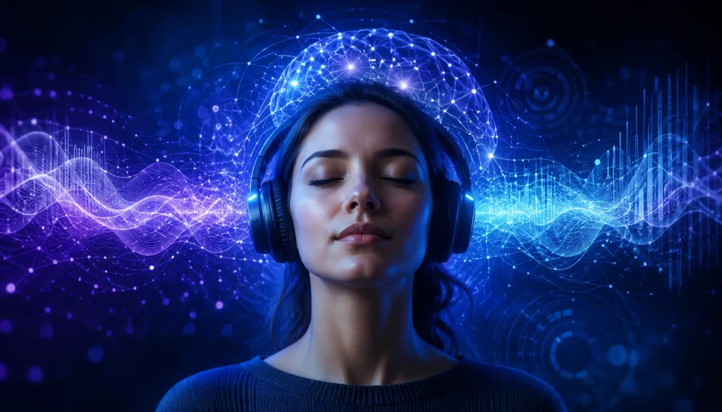 Brain training audio concept showing a person wearing headphones surrounded by glowing neural waves and futuristic cognitive sound visualization