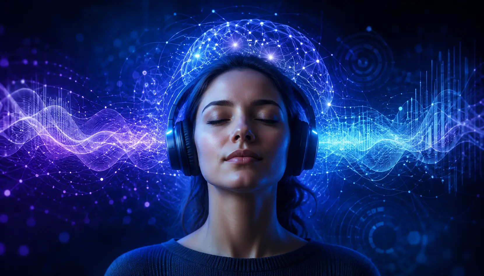 Brain training audio concept showing a person wearing headphones surrounded by glowing neural waves and futuristic cognitive sound visualization