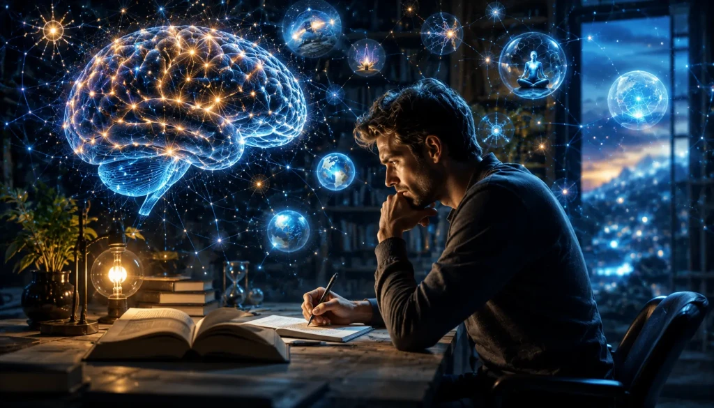 Neuroscience-inspired memory enhancement visualization showing glowing neural connections, focus, learning, and cognitive performance in a futuristic environment