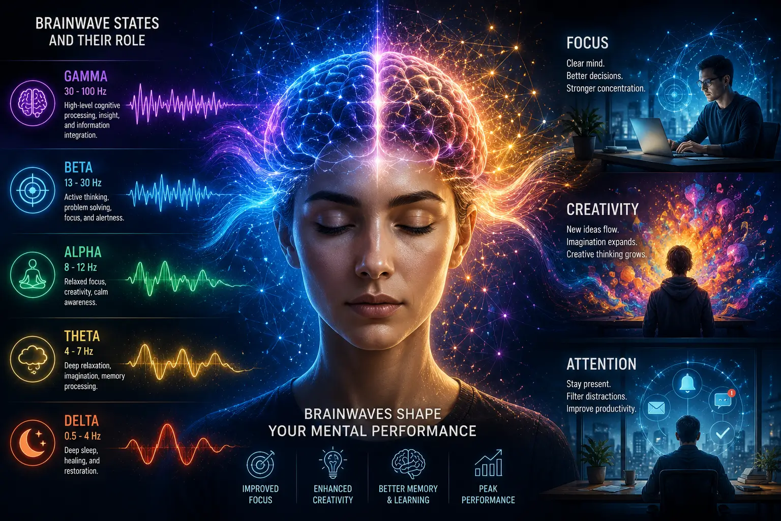 Neuroscience-inspired visualization of brainwave states showing focus, creativity, attention, and glowing neural activity in a futuristic cognitive environment
