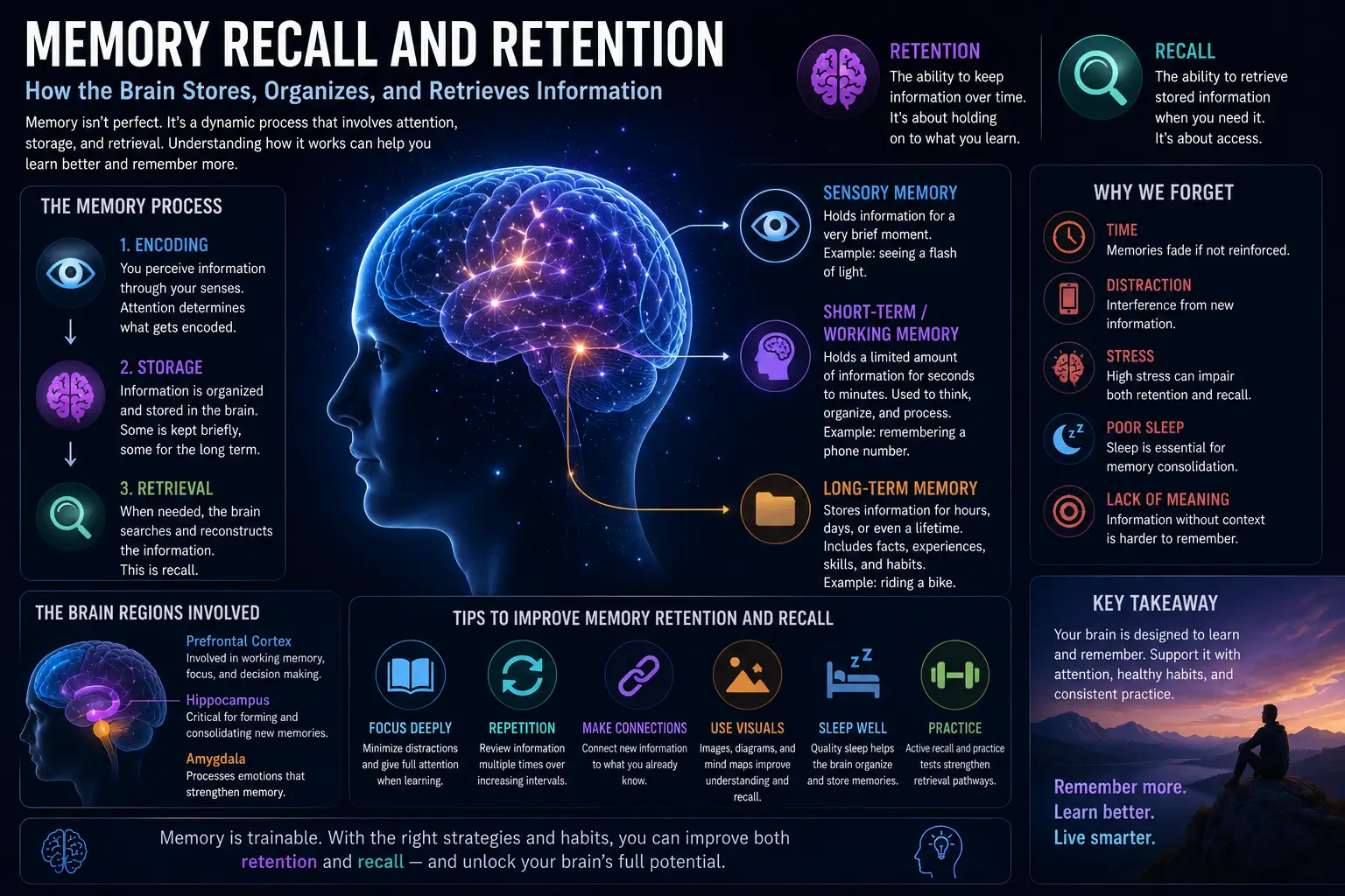 Memory recall and retention illustration showing how the brain stores, organizes, and retrieves information through learning, attention, working memory, and long-term memory processes.
