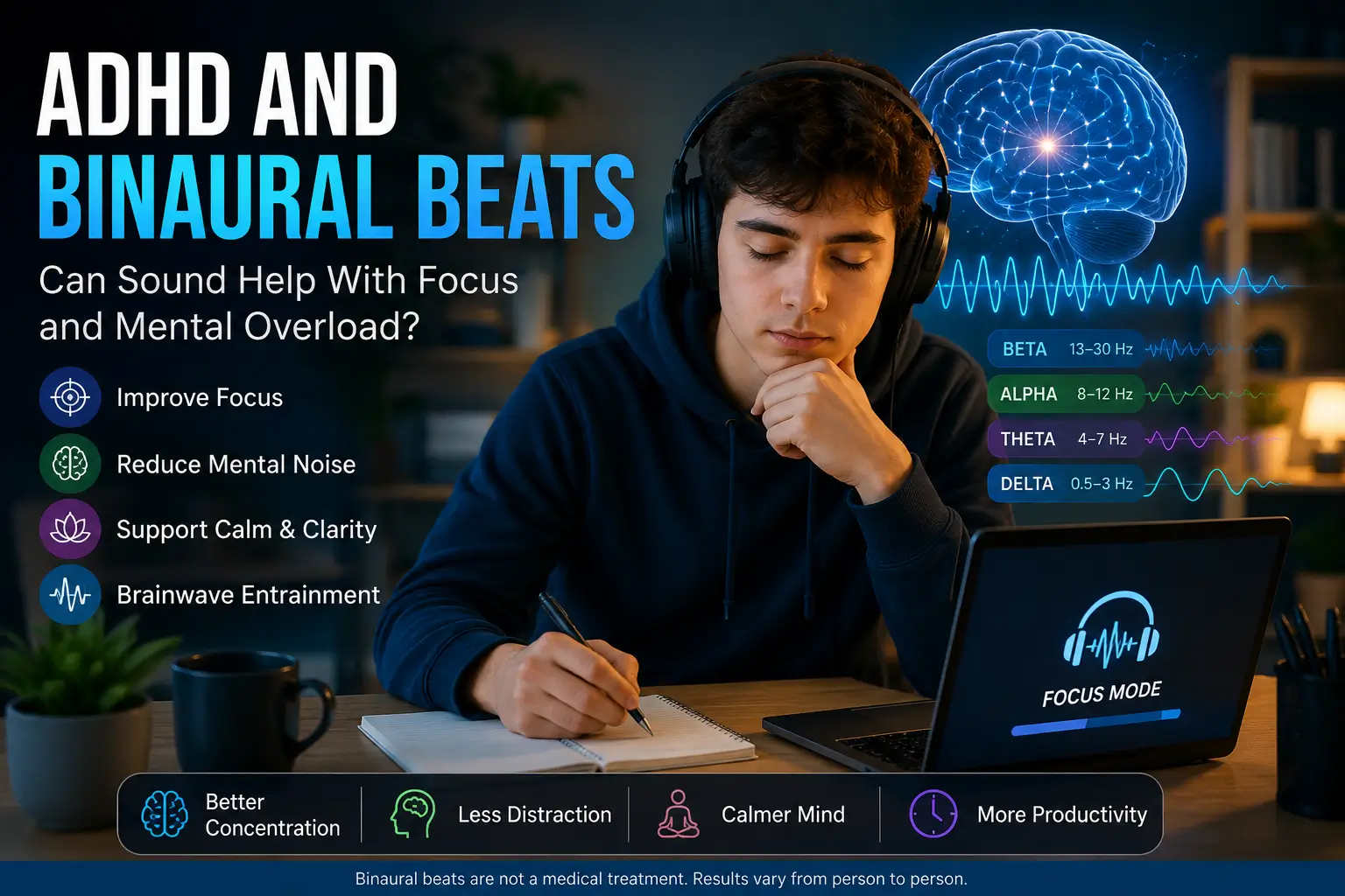 Person with ADHD using binaural beats for focus and mental clarity
