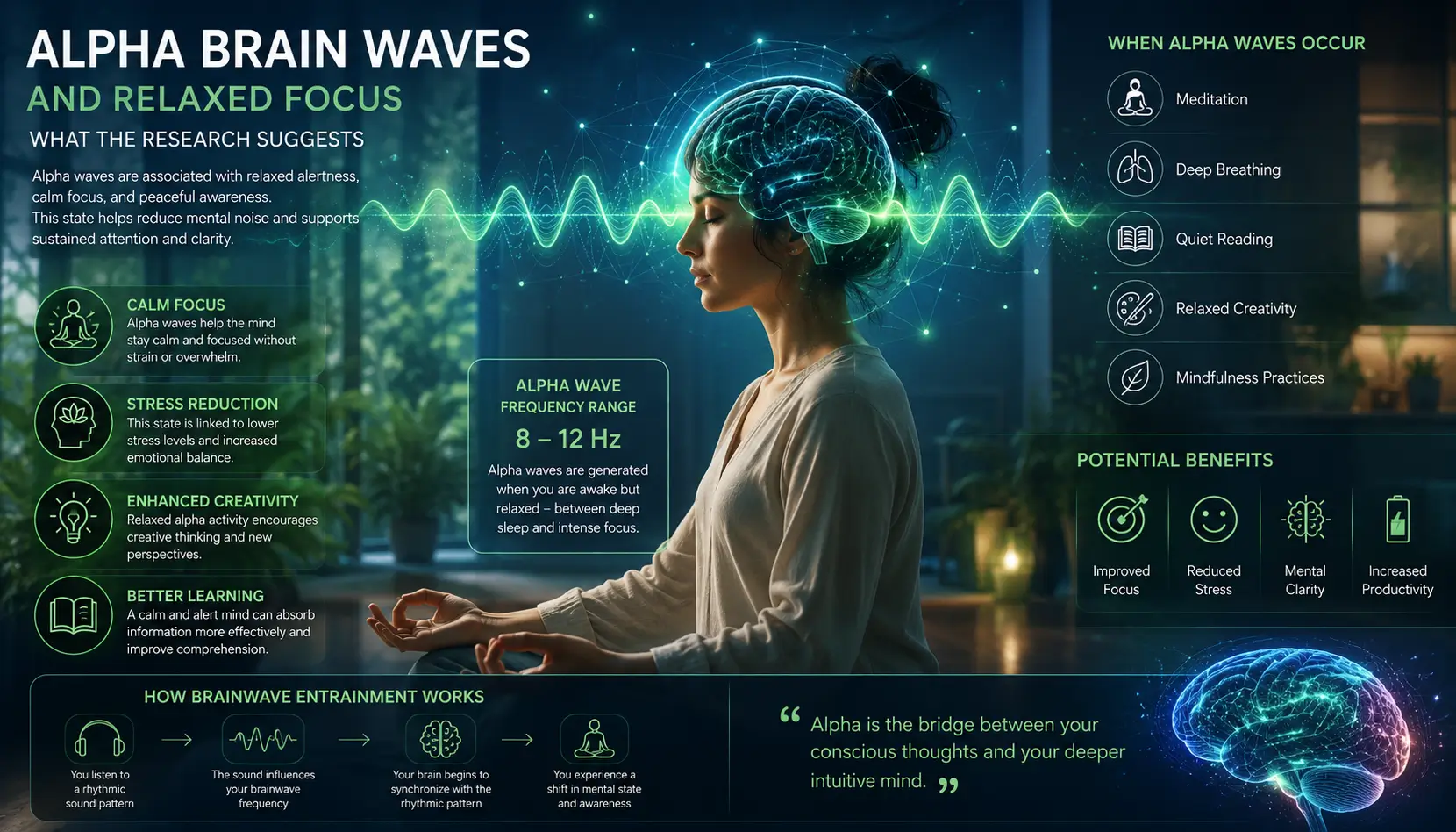 Relaxed person meditating with glowing alpha brain wave visualization and calm focus atmosphere