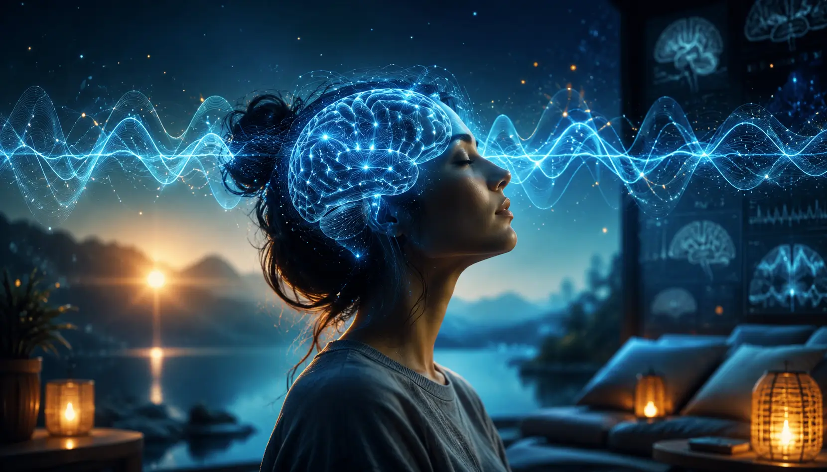 Alpha brain wave visualization showing calm focus, relaxed awareness, and flowing neural activity in a futuristic neuroscience-inspired environment