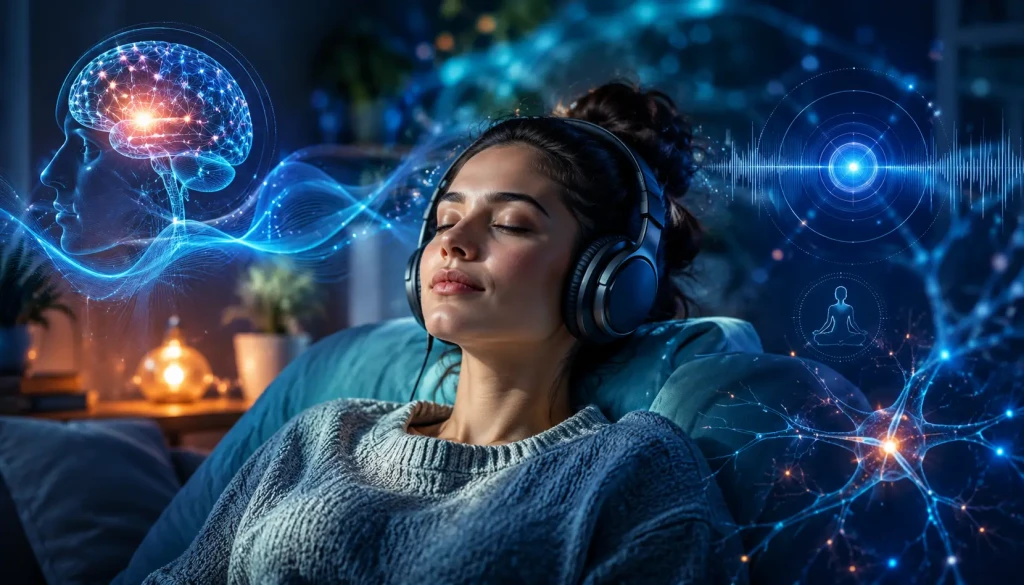 Person listening to binaural beats safely in a calm environment surrounded by soft blue sound waves and relaxing neuroscience visuals