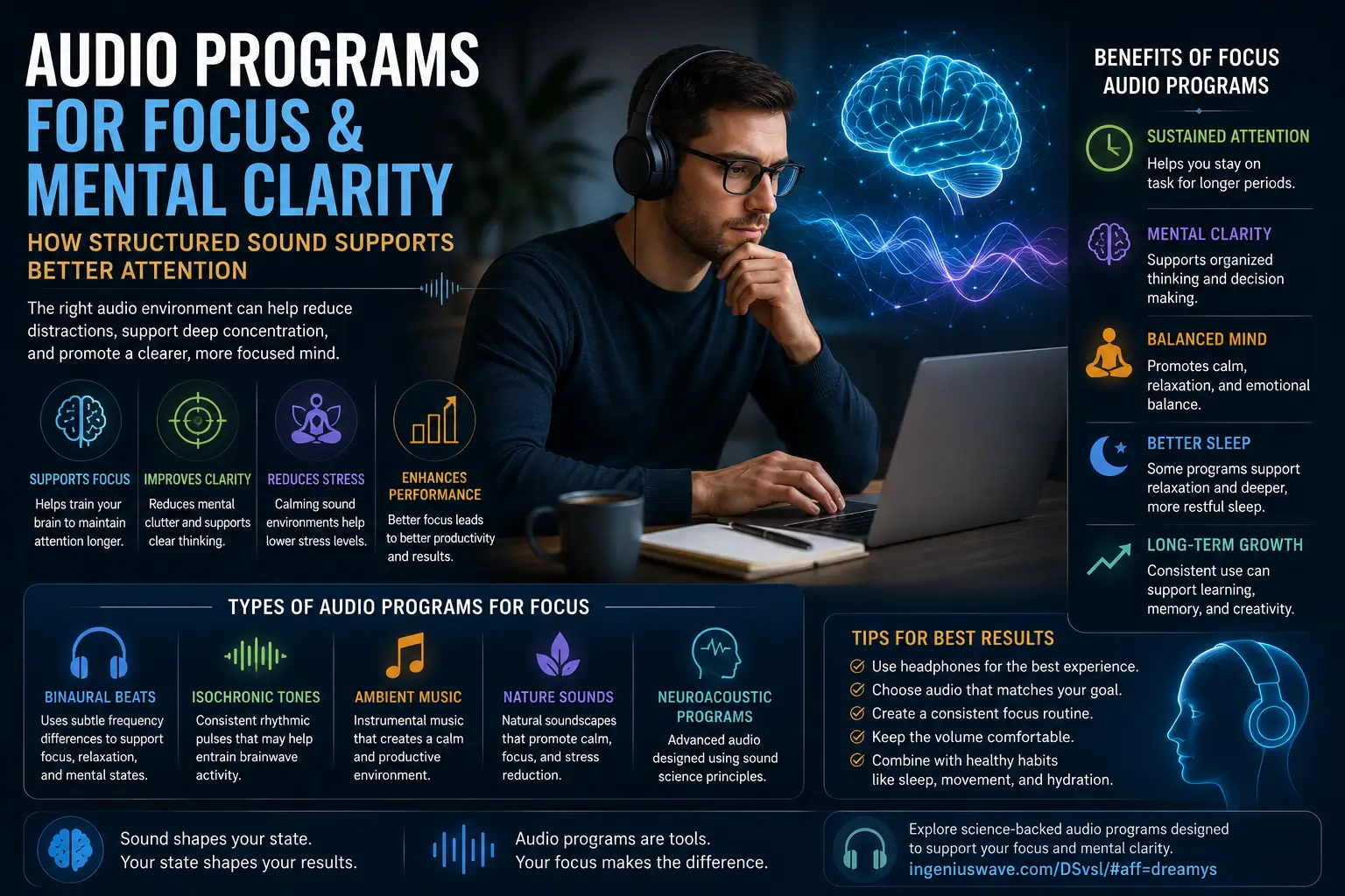 Audio programs for focus and mental clarity illustration showing deep work, concentration, structured sound environments, cognitive performance, and neuroscience-inspired listening experiences.