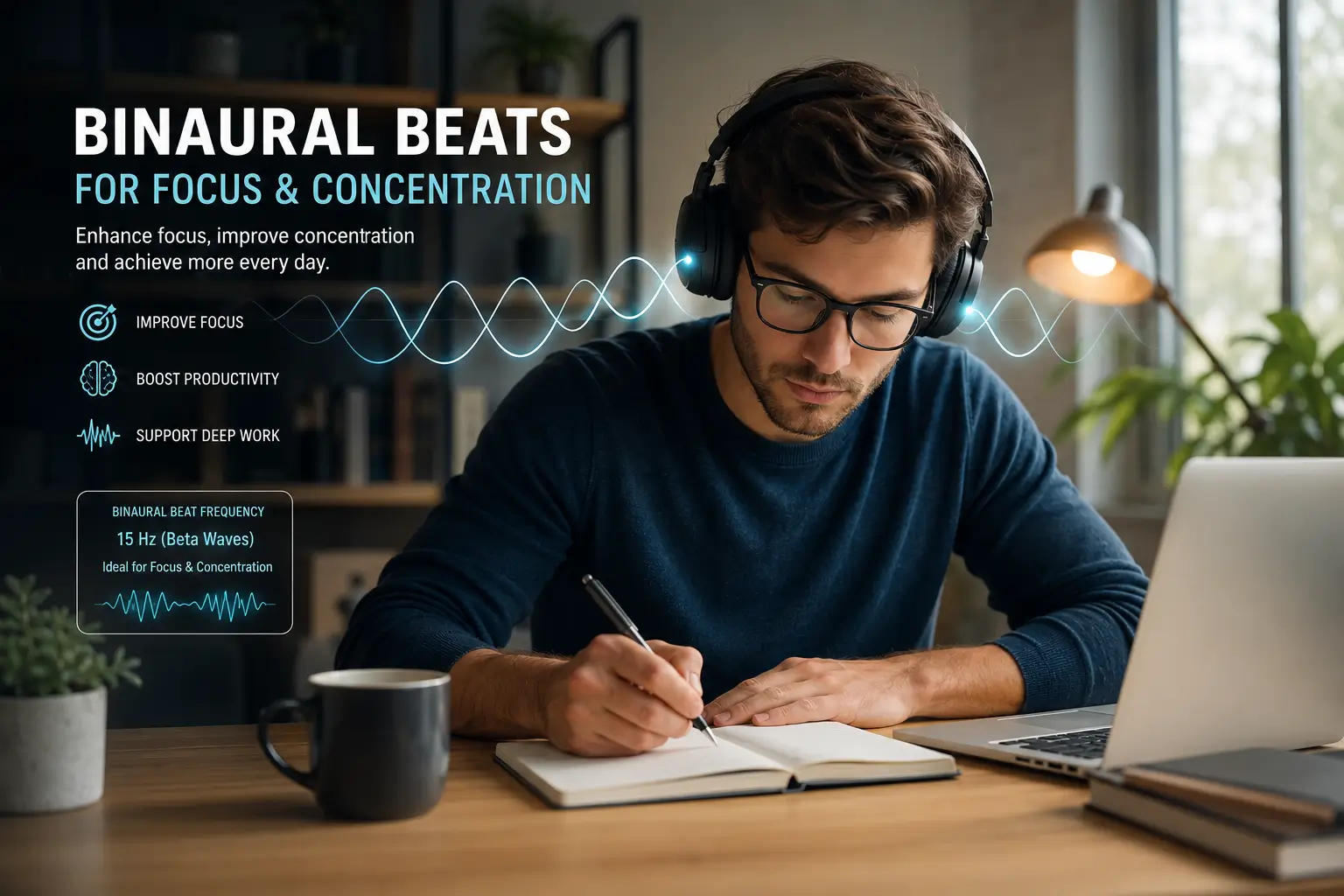 Person using binaural beats for focus and concentration while studying in a modern deep work environment