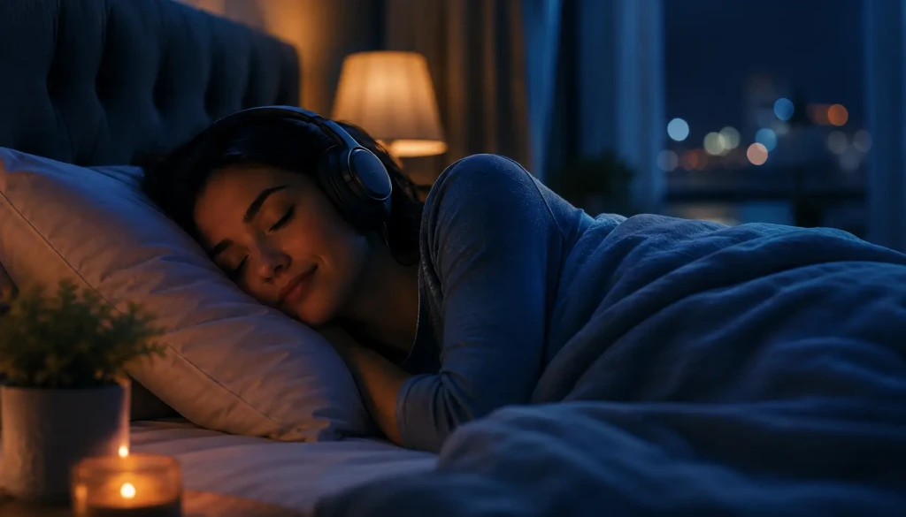 Person sleeping peacefully with soft binaural beat soundwaves creating a calm nighttime relaxation atmosphere
