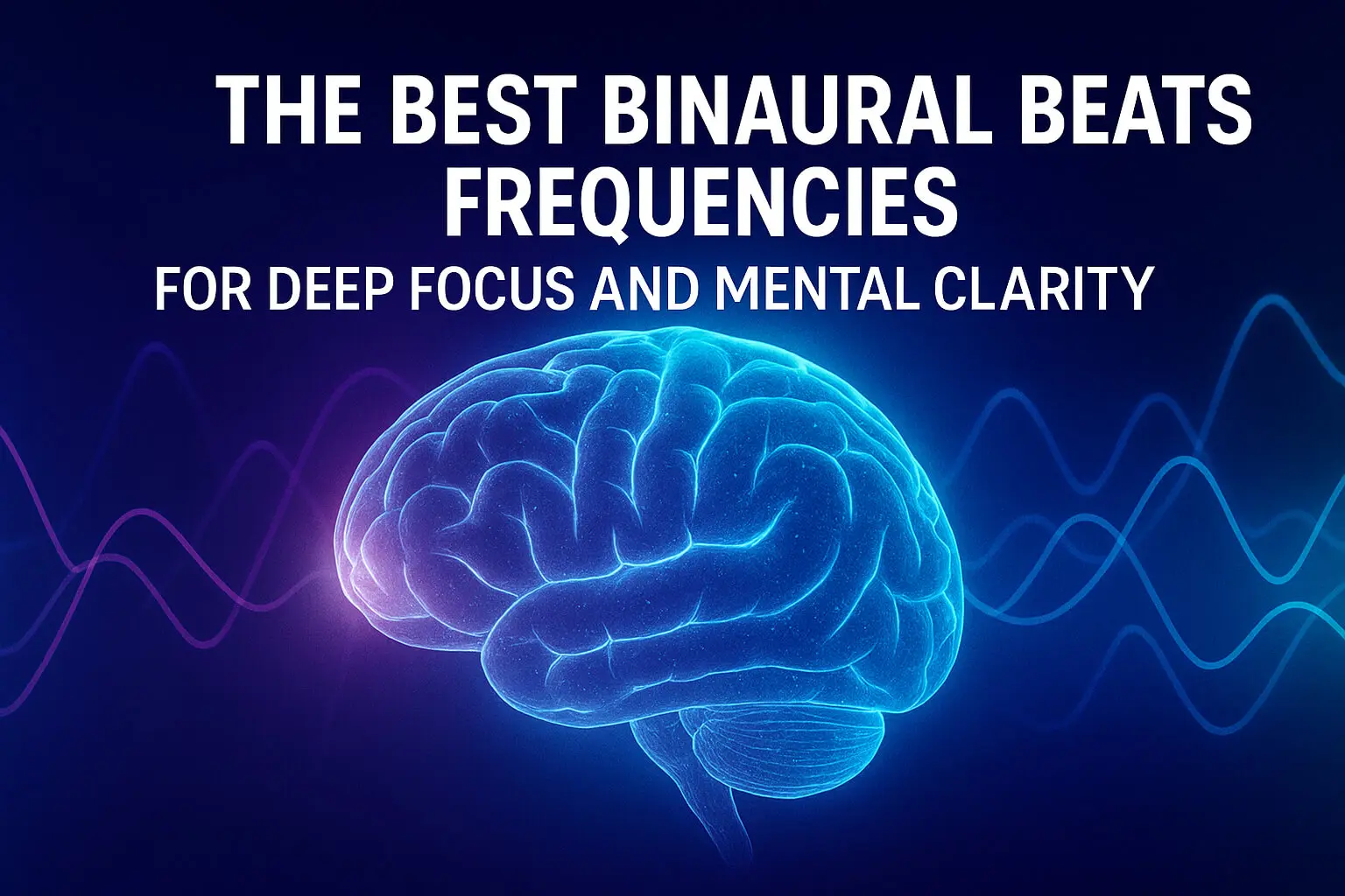 Person concentrating deeply while listening to binaural beats surrounded by glowing focus-oriented brainwave visuals and futuristic neuroscience atmosphere