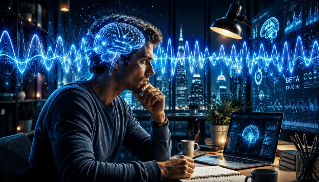 Beta brain wave visualization showing alert thinking, concentration, and energized neural activity in a futuristic productivity-focused environment