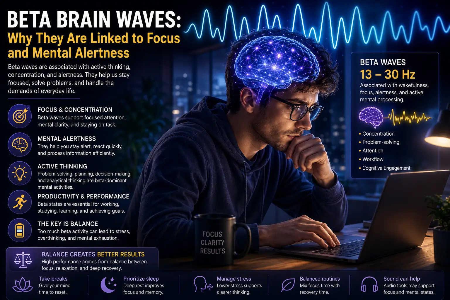 Beta brain waves visualization with focused attention, mental alertness, and glowing neural activity