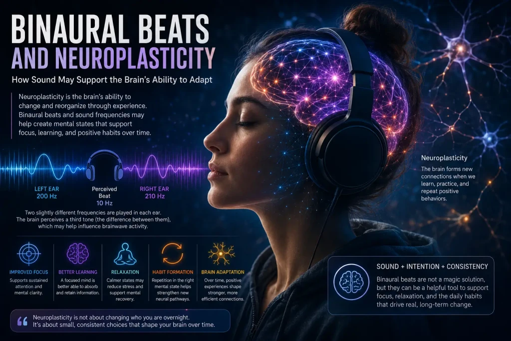Abstract visualization of neuroplasticity and binaural beats influencing brain adaptation