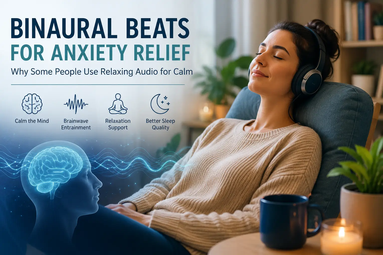 Person relaxing with calming binaural beat audio in a peaceful environment