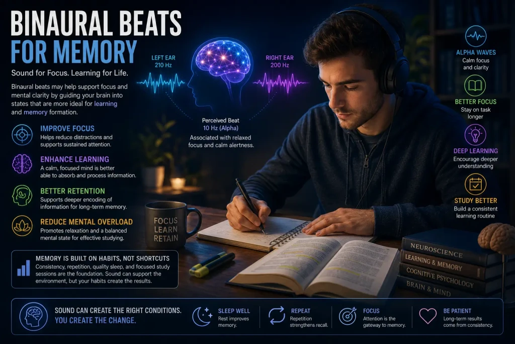 Person studying with binaural beats to support focus, learning, and memory retention