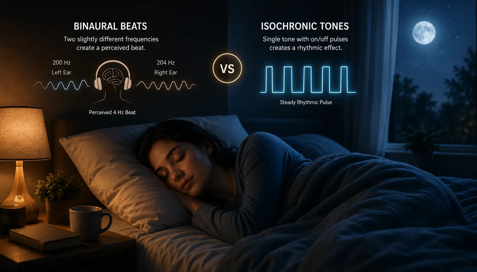 Person sleeping peacefully while comparing binaural beats and isochronic tones for nighttime relaxation and deep sleep