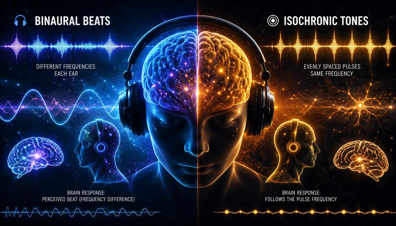 Comparison between binaural beats and isochronic tones showing futuristic soundwave patterns, headphones, and neuroscience-inspired audio stimulation visuals