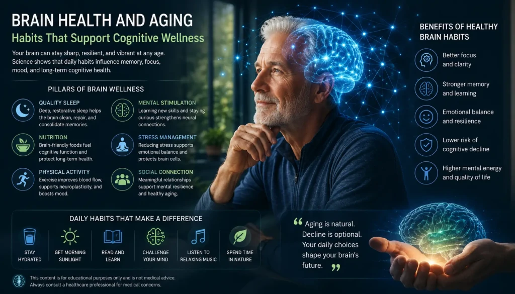 Older adult practicing healthy brain habits with cognitive wellness and neuroscience-inspired visuals