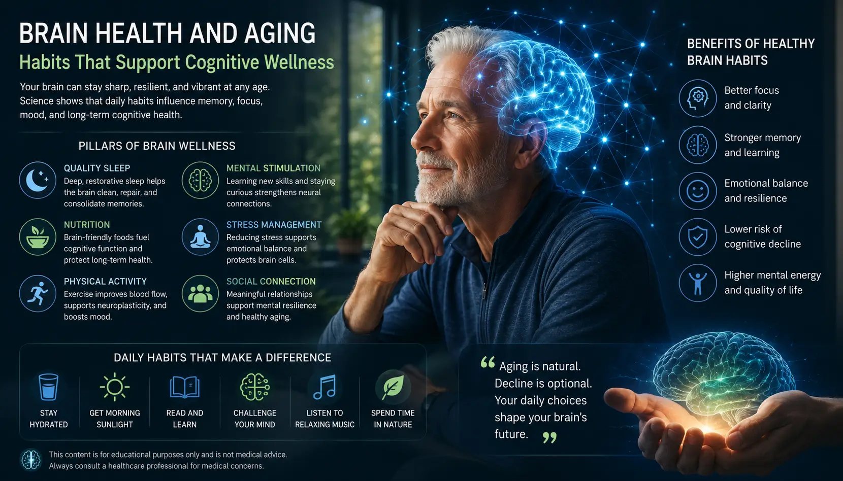 Older adult practicing healthy brain habits with cognitive wellness and neuroscience-inspired visuals