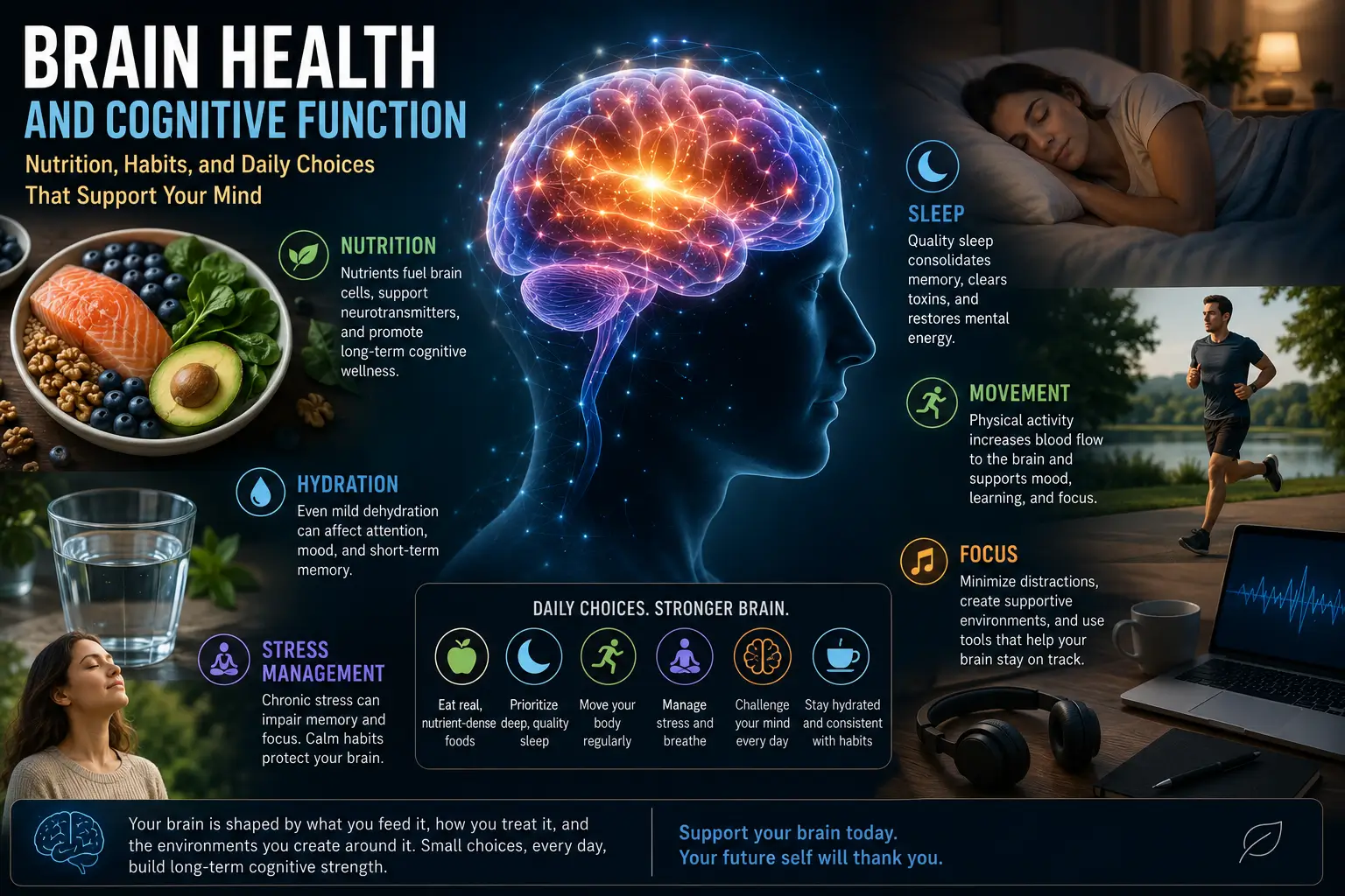 Brain health and cognitive function illustration showing nutrition, sleep, focus, memory, and lifestyle habits supporting mental performance.