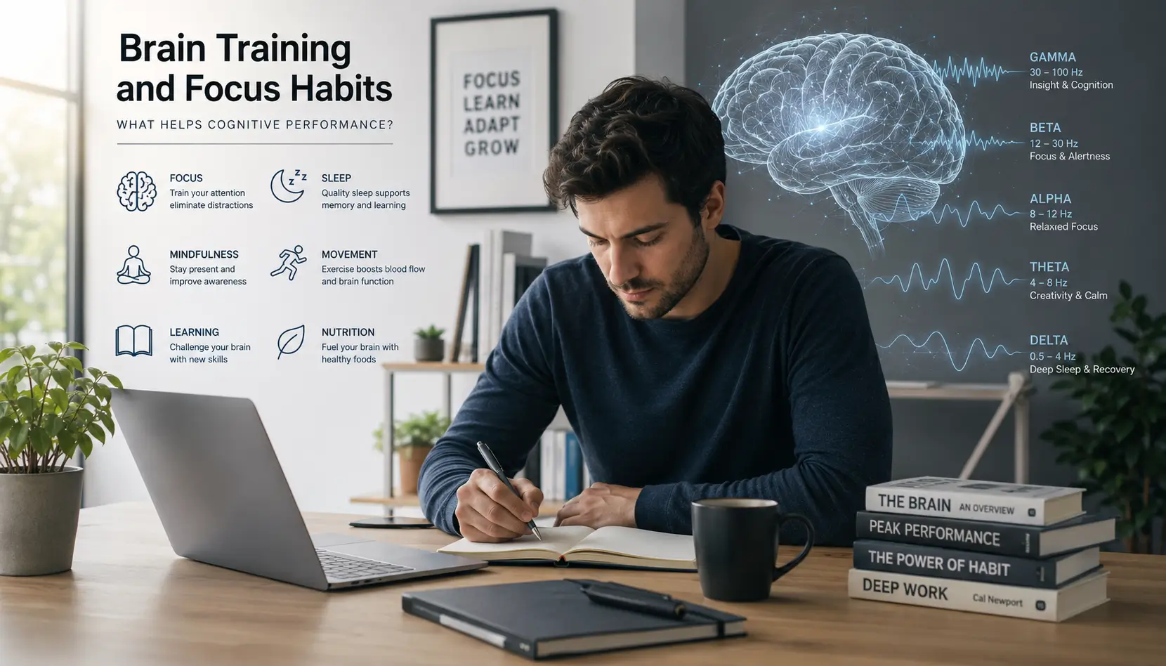 Focused person practicing brain training habits with clean neuroscience-inspired visual atmosphere