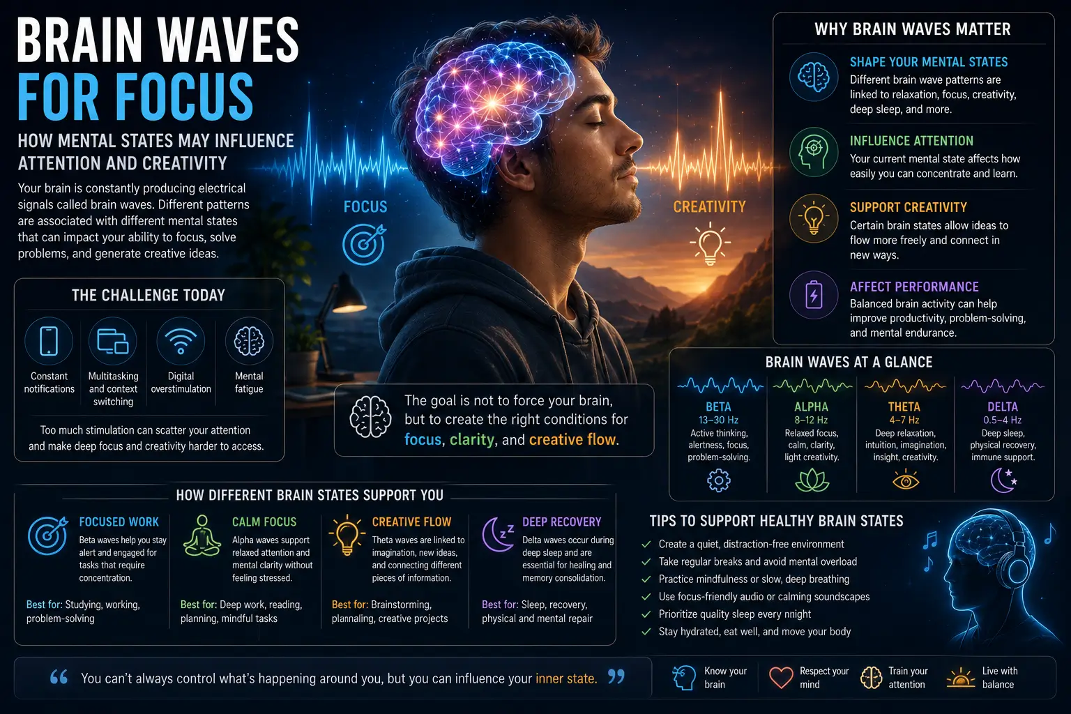 Brain waves for focus visualization with creative thinking, calm attention, and glowing neural activity