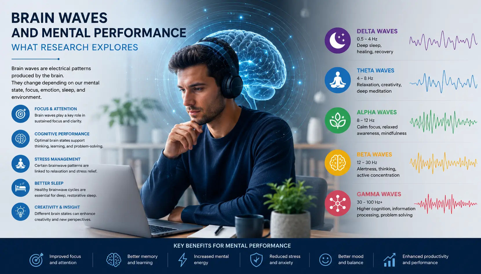 Modern neuroscience visualization showing brain waves and mental performance during focused cognitive activity
