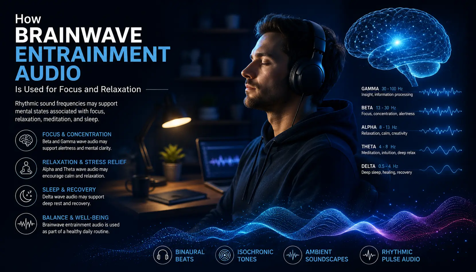 Modern sound environment visualization showing brainwave entrainment audio for focus and relaxation