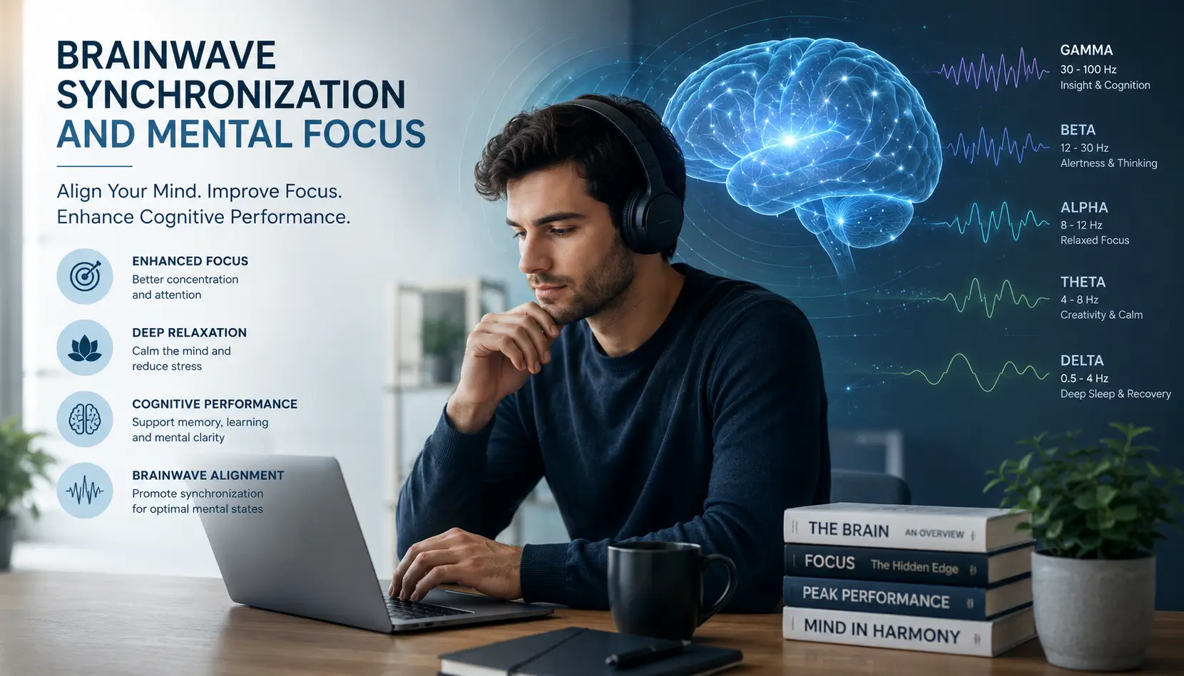 Clean neuroscience illustration showing brainwave synchronization and mental focus with subtle soundwave patterns