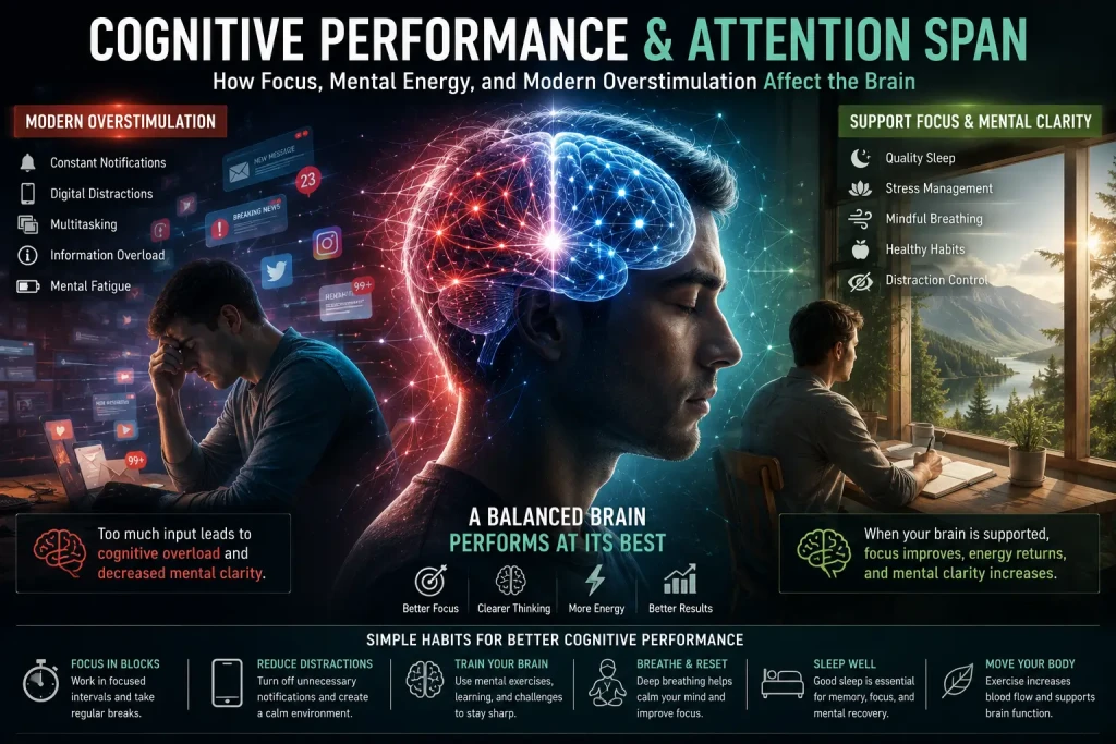 Illustration showing cognitive performance, attention span, mental clarity, and the effects of modern overstimulation on focus and brain function