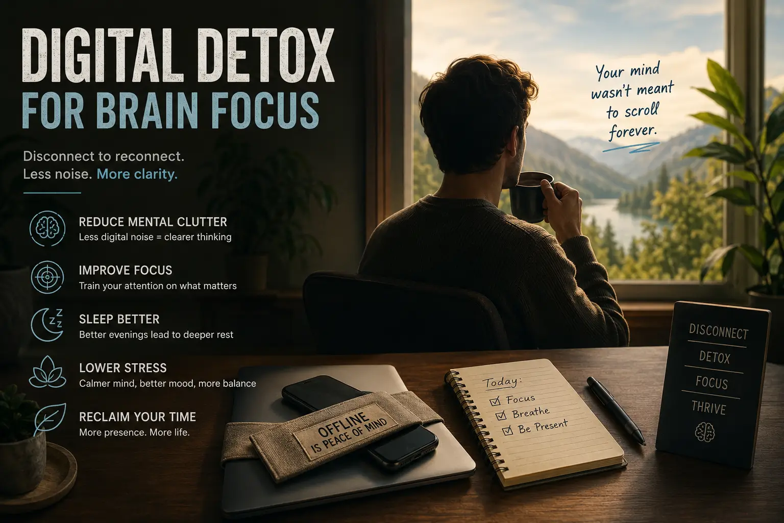 Person disconnecting from digital devices to improve focus and mental clarity