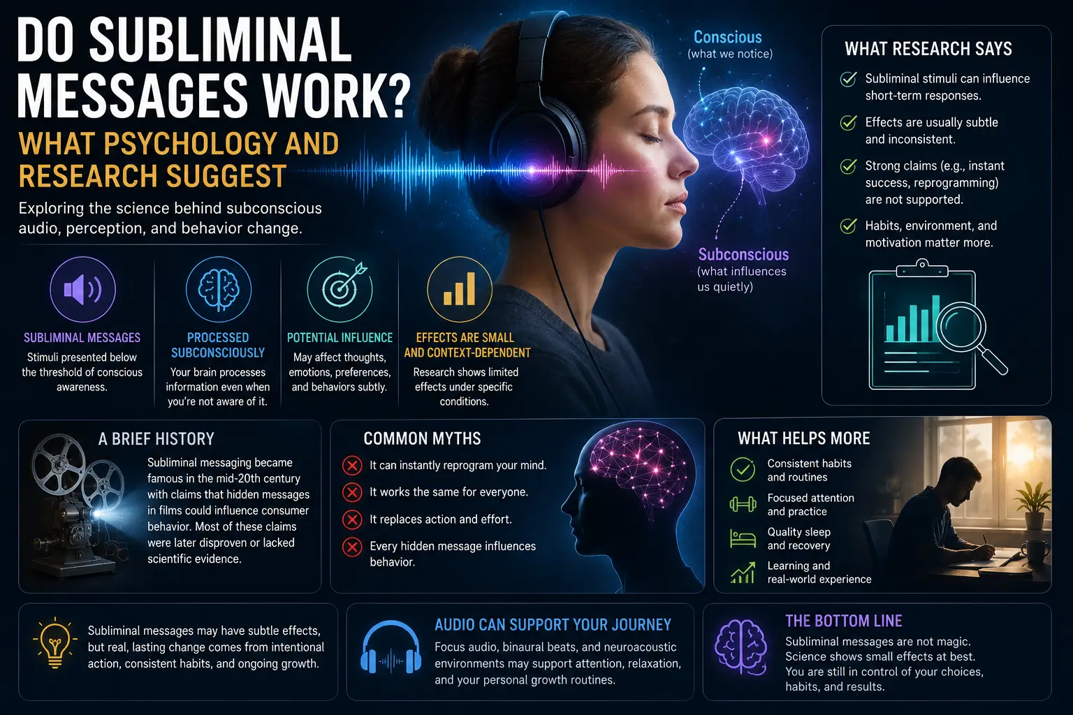 Subliminal messages illustration showing subconscious processing, psychology research, hidden audio cues, attention, behavior change, and modern cognitive science concepts.