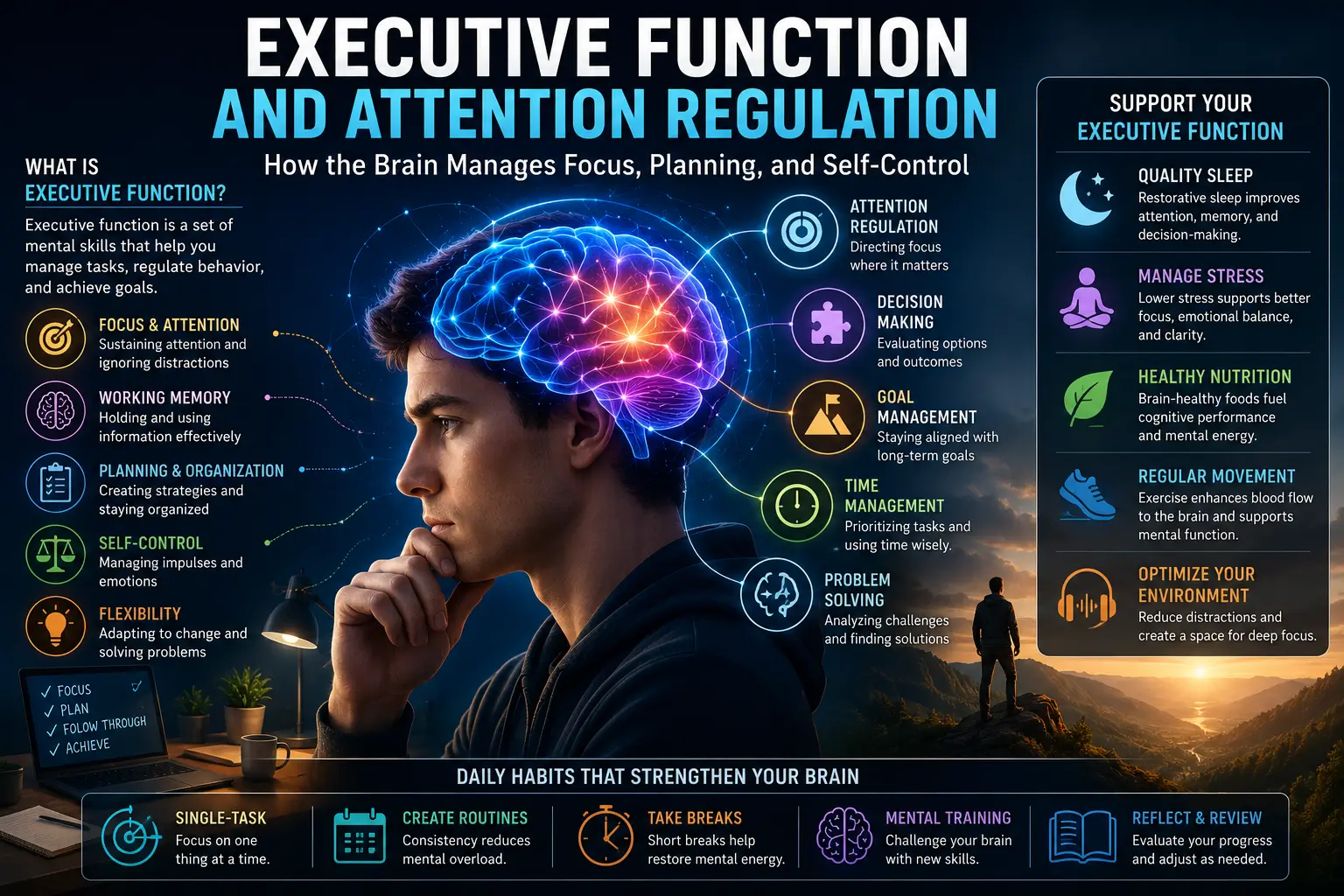 Executive function illustration showing attention regulation, planning, decision-making, focus control, and cognitive performance in the modern brain.