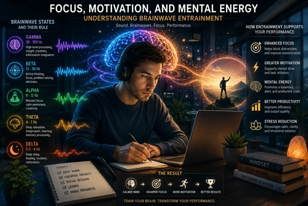 Focused productivity and neuroscience visualization showing mental energy, glowing brainwave activity, concentration, and cognitive performance in a futuristic workspace