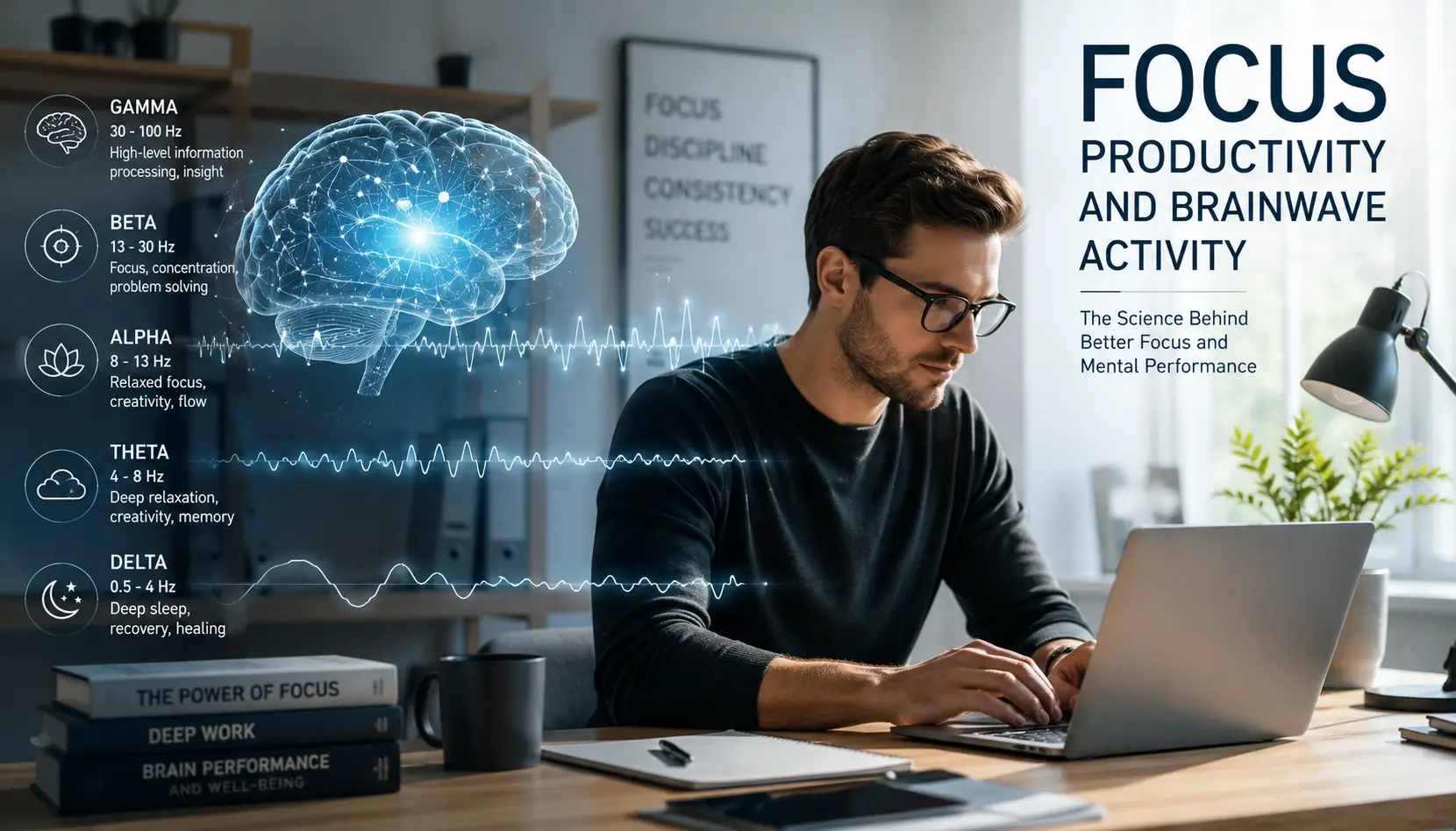 Modern neuroscience-inspired visualization showing focus, productivity, and brainwave activity during deep work