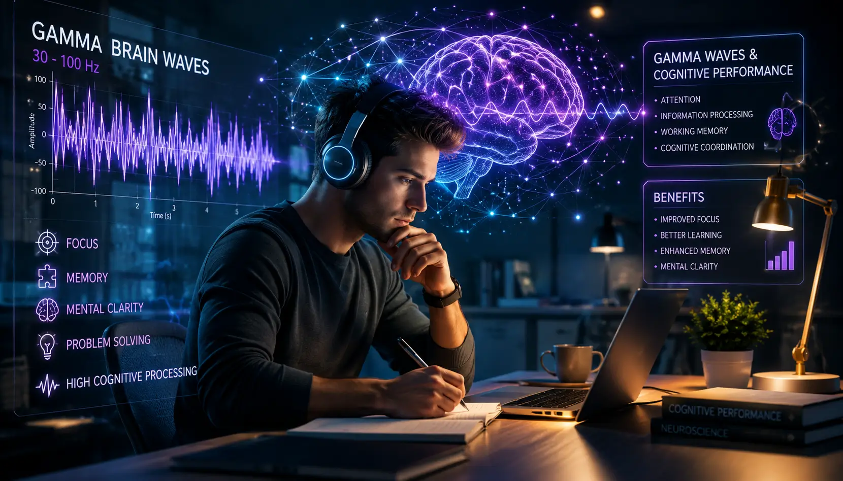Futuristic visualization of gamma brain wave activity during deep focus and cognitive performance