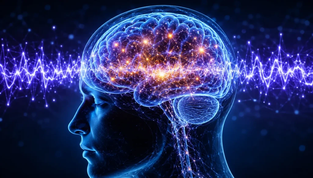 Gamma brain wave visualization showing high-frequency neural activity connected to focus, cognition, and advanced brain processing
