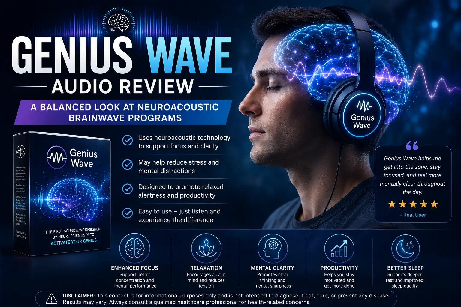 Modern neuroacoustic brainwave audio concept with calming sound frequencies and focus visualization
