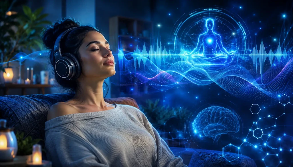 Relaxing sound frequency visualization showing calming neural patterns, ambient audio waves, and peaceful neuroscience-inspired sensory environments