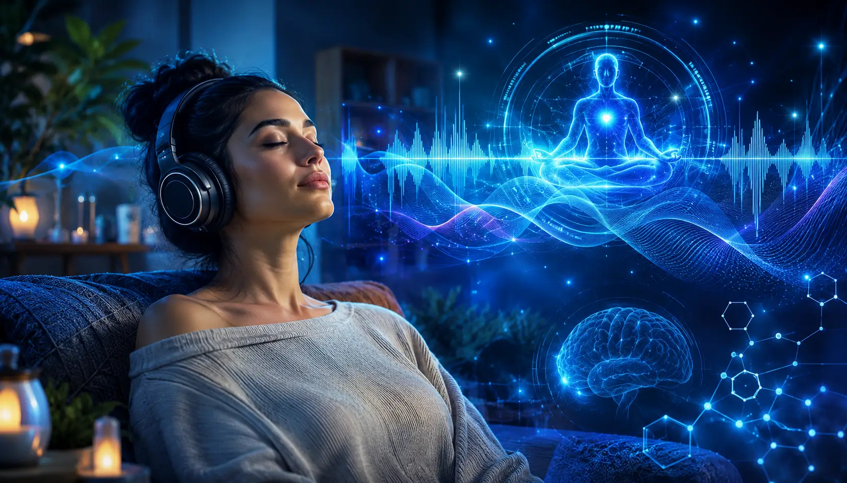 Person listening to healing frequency audio surrounded by calming blue sound waves and futuristic neuroscience-inspired visuals