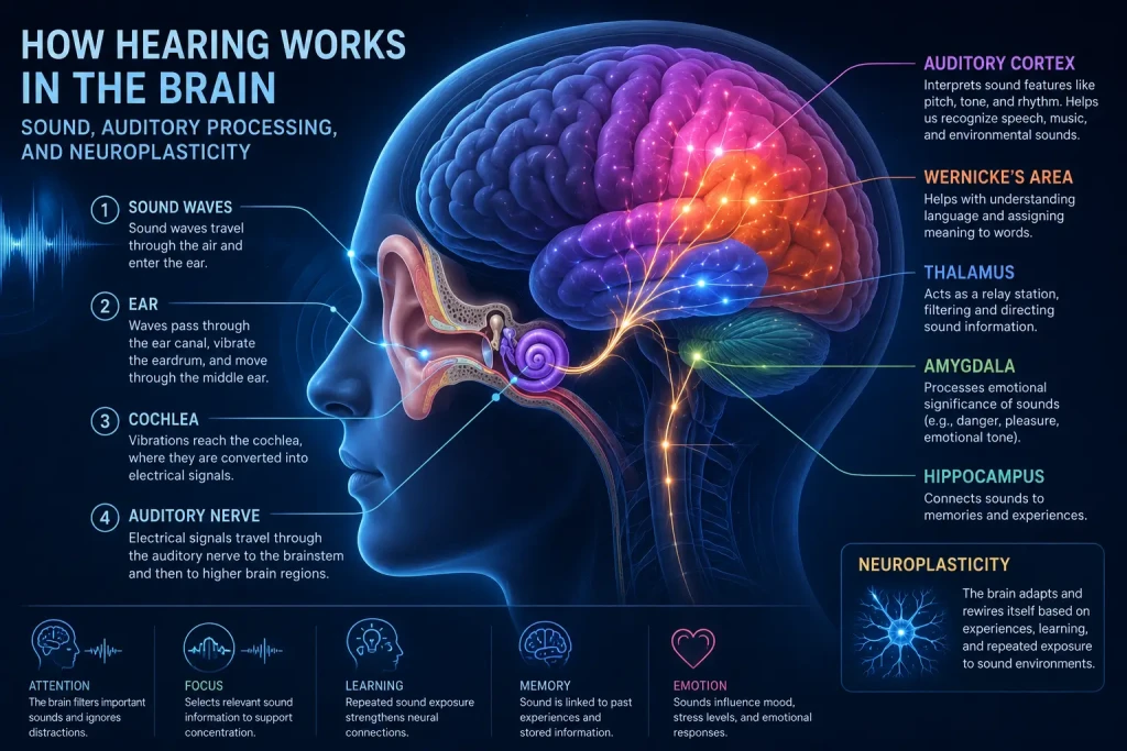 Illustration of how the brain processes sound through auditory pathways, auditory cortex activity, and neuroplasticity related to hearing and cognitive focus