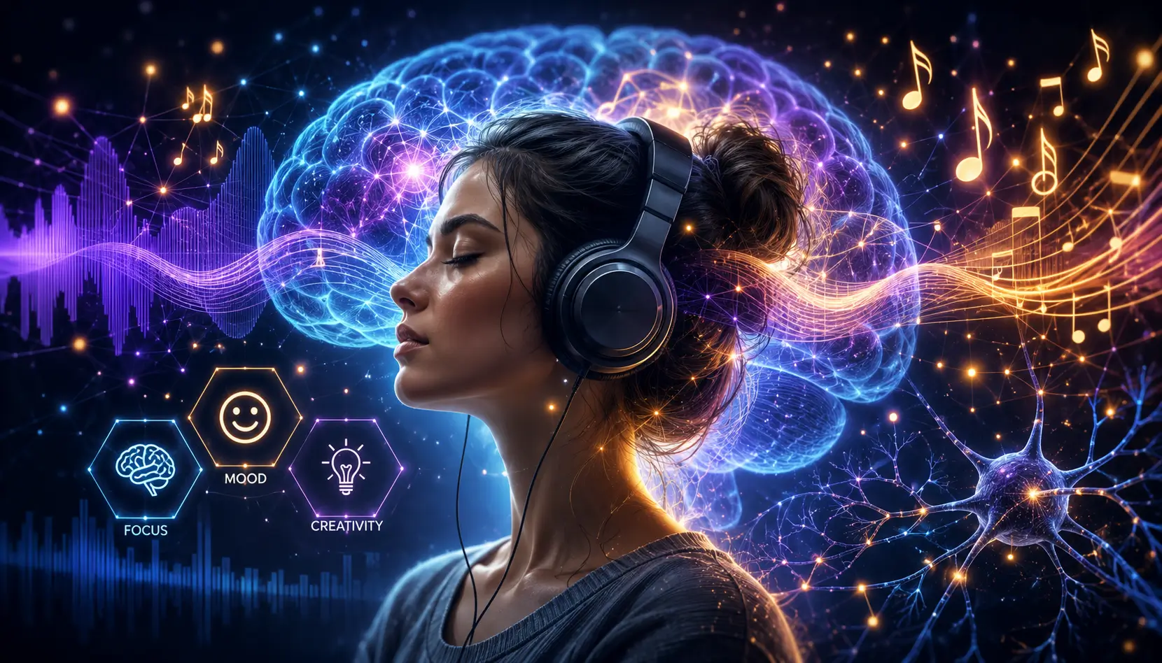 Music and neuroscience visualization showing glowing soundwaves, emotional focus, and cognitive performance in a futuristic audio-inspired environment