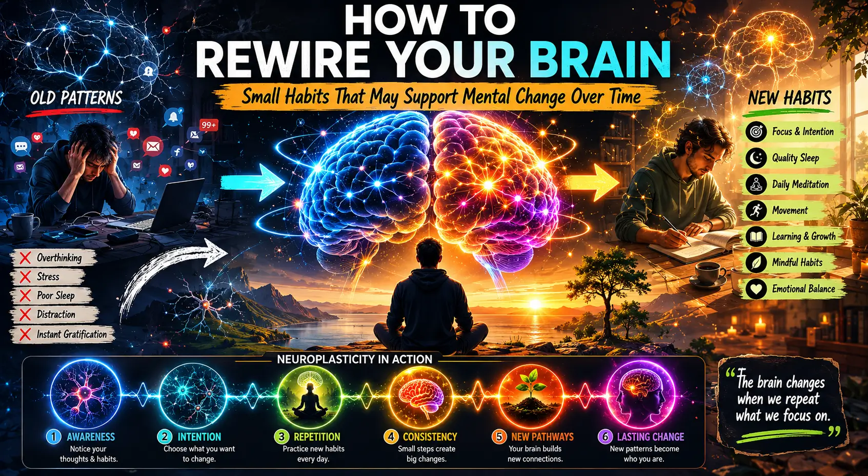Neuroplasticity concept showing brain pathways changing through habits, focus, and mental routines