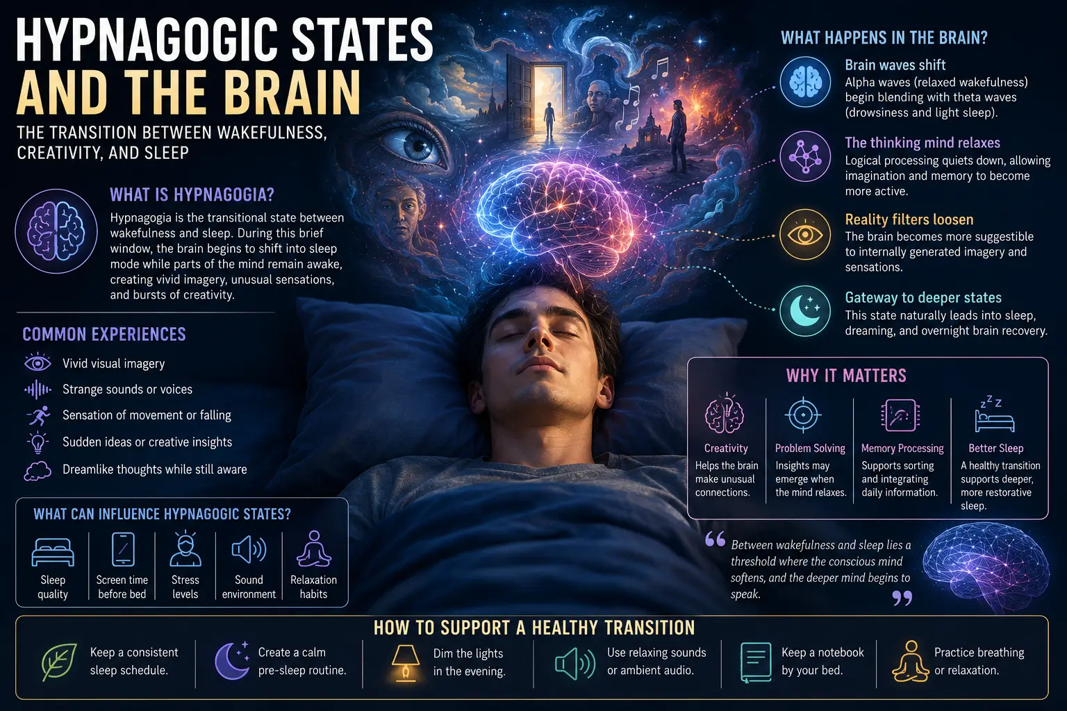 Hypnagogic state illustration showing the transition between wakefulness and sleep, featuring dreamlike imagery, creativity, and changing states of consciousness in the brain.