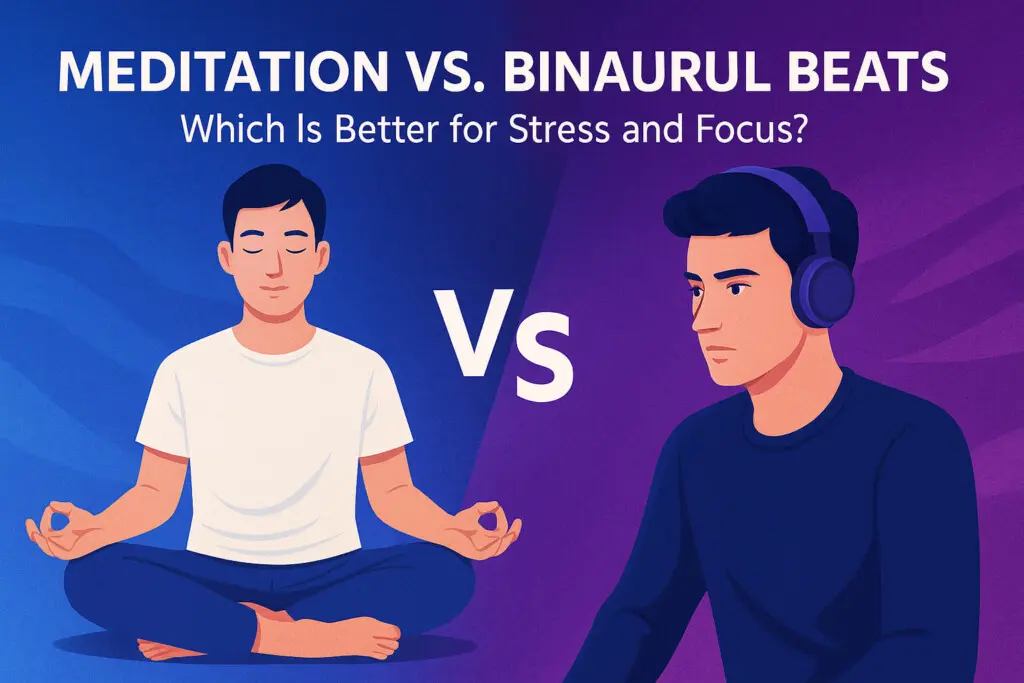 Meditation and binaural beats comparison concept showing a calm person meditating beside futuristic soundwave and neuroscience visuals
