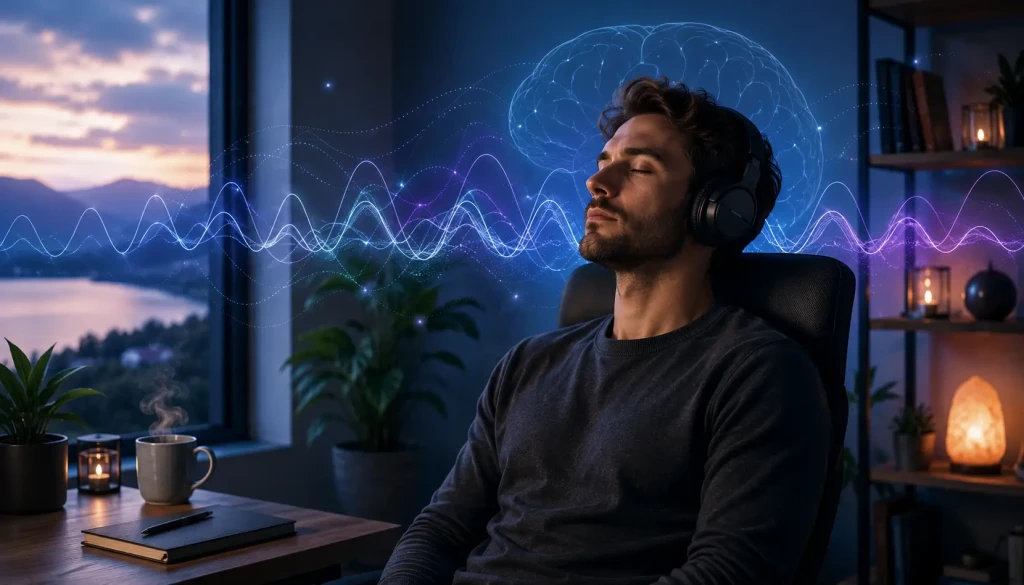 Person relaxing in a calm audio environment designed for mental clarity, focus, and reduced cognitive overload