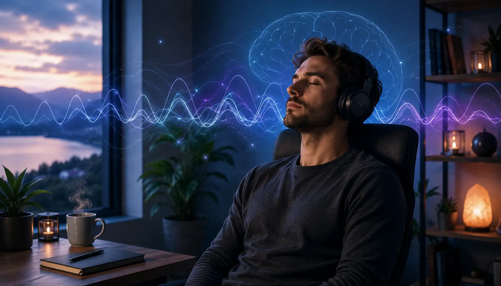 Person relaxing in a calm audio environment designed for mental clarity, focus, and reduced cognitive overload