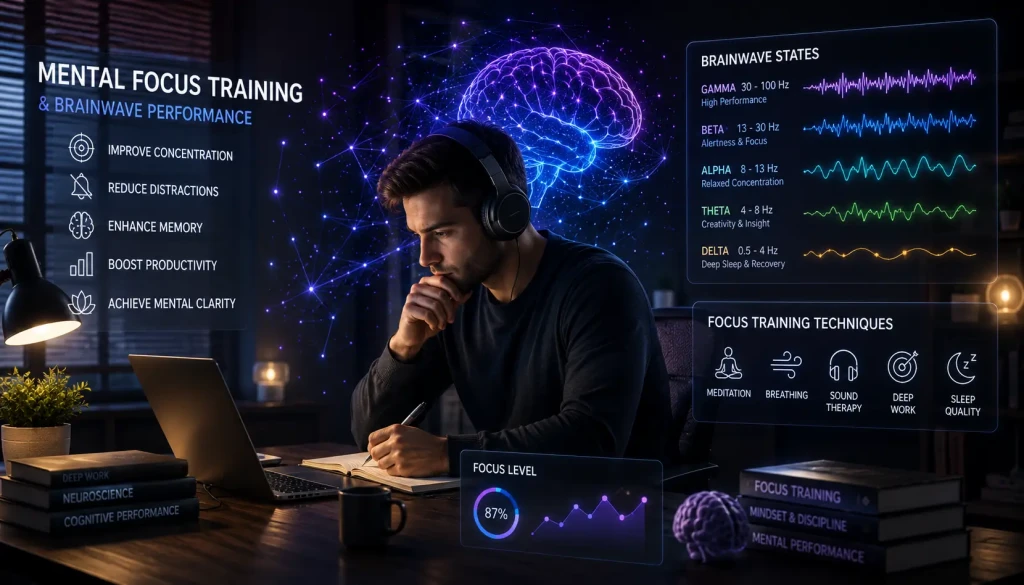 Person practicing mental focus training with brainwave visualization and concentration audio in a modern workspace