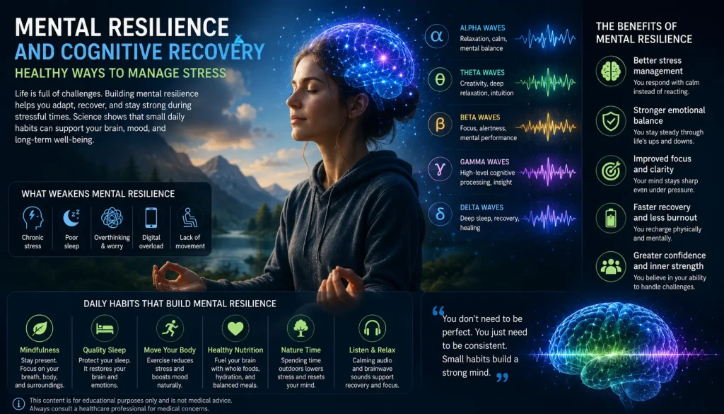 Calm person practicing mental resilience and stress recovery with neuroscience-inspired brain visuals