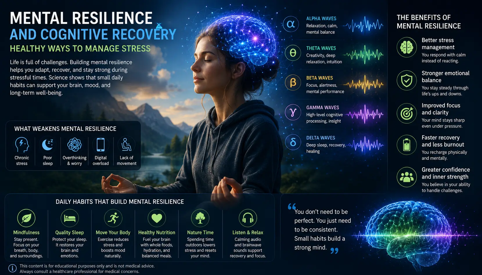 Calm person practicing mental resilience and stress recovery with neuroscience-inspired brain visuals